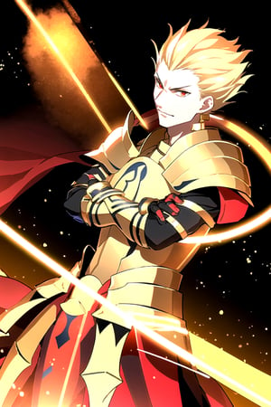 GilgameshFull, short hair, blonde hair, simple background, red eyes, 1boy, jewelry, earrings, armor,shoulder armor, pauldrons, hair slicked back, gold armor, simple background, black background, crossed arms, backlighting, dutch angle, looking at viewer, masterpiece, light particles, gilgamesh \(fate\), fate \(series\), fire,AGGA_ST015