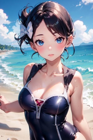 Marley_PKM, marley, 1girl, solo, hair bow, best quality, highres, standing, outdoors, beach, gris swimsuit, swimsuit, looking at viewer, close up, , 