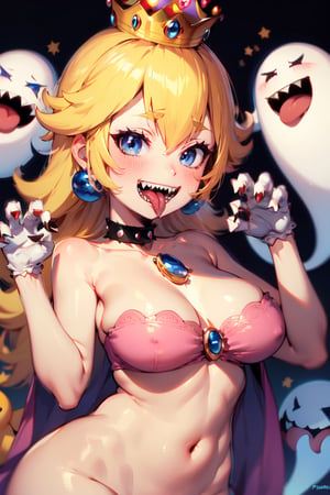 Peach_SMP, princess king boo,  masterpiece, best quality, 1girl, crown, choker, claw pose, sharp teeth, tongue, tongue out, boo (mario), ghost, ghost pose