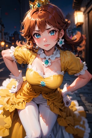 Daisy_SMP, 	masterpiece, best quality, 1girl, princess daisy, orange hair, yellow dress, long dress, blue eyes, crown, light frown, leaning forward, one hand pointing at viewer, one hand on hip, night, 
