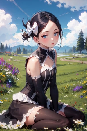 Marley_PKM, masterpiece, best quality, marley, hair bow, gothic dress, detached sleeves, black leggings, black boots, sitting on ground, looking at viewer, wildflowers, grass, clouds, arms to side 