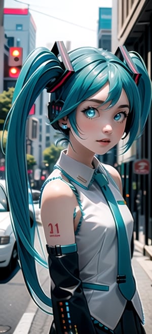 centered, upper body, masterpiece, | Hatsune Miku, (blue hair color), (long twin tails hairstyle), | standing, looking at viewer, | city, urban, street, city lights, | night, bokeh, depth of field,mikudef,(Hatsune Miku, glowing eyes)
