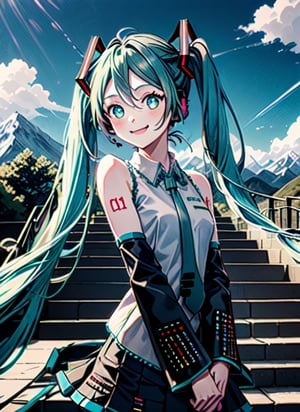 (Hatsune Miku, glowing eyes), vocaloid3, upper body, smile, blush, outdoors, day, simple background, blue sky, sky, temple, looking at viewer, stairs, mountain, moody lighting, facing viewer,(Hatsune Miku