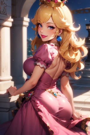 Peach_SMP,  , pch, large breasts, pink dress, crown, puffy sleeves, brooch, earrings, smile, lipstick, from behind, looking back, looking at viewer,