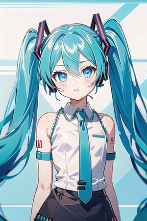 wear the miku costume,blue hair,blue eyes,beutiful,tall girl,not tied,blue Eyes,there is a hint of  blue under his hair,mikudef | wear a blue tie,no_humans, (Hatsune Miku, glowing eyes)
