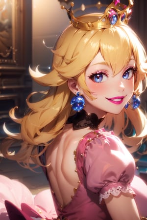 Peach_SMP,  , pch, large breasts, pink dress, crown, puffy sleeves, brooch, earrings, smile, lipstick, from behind, looking back, looking at viewer,