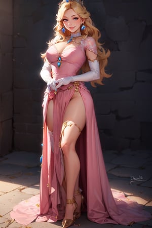 Peach_SMP, (Realistic:1.5) (masterpiece) 1girl, solo, long hair, smile, blonde hair, dress, jewelry, full body, earrings, white gloves, crown, pink dress,   