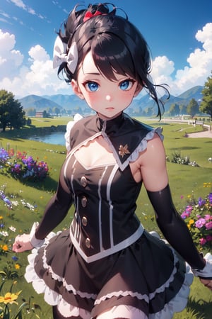 Marley_PKM, ((masterpiece)), (best quality), official art, extremely detailed CG, unity 8k wallpaper, ultra detailed,
1girl,  marley_pkm, hair bow, gothic dress, detached sleeves, black leggings, black boots, 
Jumping as if being shocked by static electricity, outdoors, cowboy shot, 
 ,