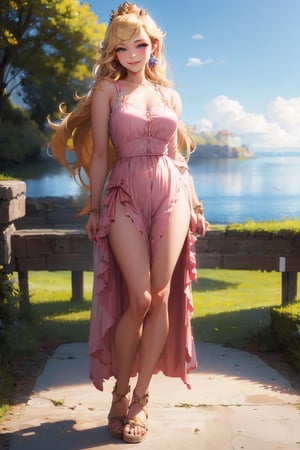 Peach_SMP, (Realistic:1.5) (masterpiece) 1girl, solo, smile, long hair, blonde hair, full body, Sundress with sandals, 