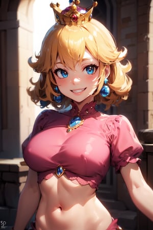 Peach_SMP, (highly detailed:1.3),
squeenp, looking at viewer, smile, short sleeves, grin, covered navel, super crown, 
Ultra-detail,(highres:1.1),best quality,(masterpiece:1.3),cinematic lighting,
, Shadow_Queen