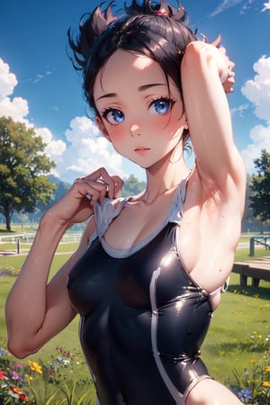 Marley_PKM, masterpiece, best quality, highres, cinematic lighting, marley, (young, teen:0.8), 1girl, solo, upper body, looking at viewer, outdoors, black swimsuit, arm above head, armpit, school yard, 