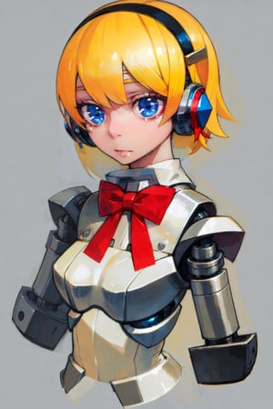 masterpiece, AGGA_ST060, 1girl, solo, looking at viewer, short hair, blue eyes, blonde hair, simple background, bow, ribbon, closed mouth, hairband, bowtie, grey background, red bow, headphones, red bowtie, android, joints, robot joints, aegis \(persona\)