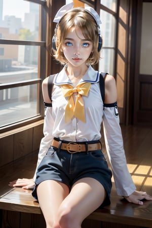 masterpiece, best quality, Rin Kagamine, glowing eyes, short hair, number tattoo, bow, white shirt, detached sleeves, belt, sailor collar, headphones, shorts, leg warmers