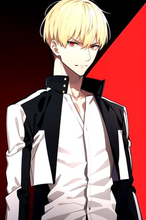 GilgameshCasual, solo, looking at viewer, short hair, blonde hair, shirt, red eyes, long sleeves, 1boy, closed mouth, jacket, white shirt, male focus, open clothes, open jacket, black jacket, 1cat,AGGA_ST015