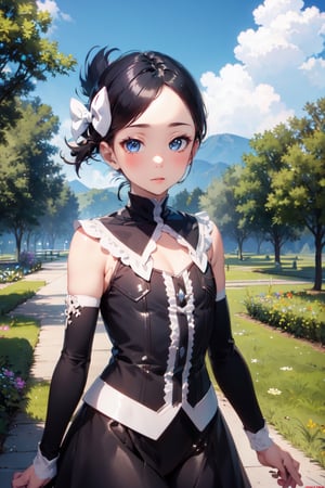 Marley_PKM, ((masterpiece)), (best quality), official art, extremely detailed CG, unity 8k wallpaper, ultra detailed,
1girl,  marley_pkm, hair bow, gothic dress, detached sleeves, black leggings, black boots, 
Walking with one hand in the pocket, outdoors, upper body, 
 ,
 ,