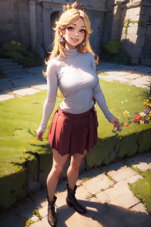 Peach_SMP, (Realistic:1.5) (masterpiece) 1girl, solo, smile, long hair, blonde hair, full body, Turtleneck sweater with a wool skirt, 