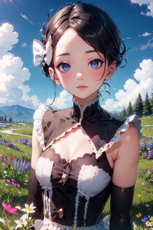 Marley_PKM, masterpiece, best quality, marley, hair bow, gothic dress, detached sleeves, upper body, looking at viewer, wildflowers, grass, clouds, brightly lit face 