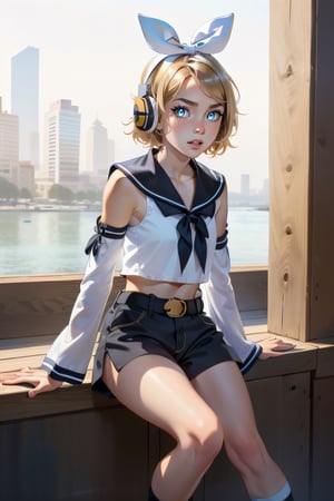masterpiece, best quality, Rin Kagamine, glowing eyes, short hair, number tattoo, bow, white shirt, detached sleeves, belt, sailor collar, headphones, shorts, leg warmers