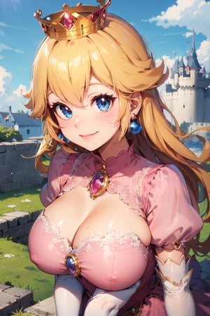 Peach_SMP,  masterpiece, best quality, highres, pch, pink dress, brooch, puffy sleeves, short sleeves, smile, elbow gloves, earrings, crown, outside of castle, large breasts, upper body, close-up, 
