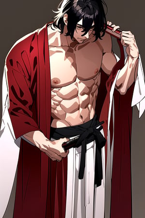 AGGA_ST015,  (masterpiece:1.1),  (extremely detailed),  (best quality:1.1),  adult Asian male,  shoulder length dark hair,  wearing old fashioned style Japanese robes,  robes are ripped and you can see the males bare chest,  across his chest are several gashes,  the man is holding a Japanese katana,  sunlight glints along the sharp blade, 