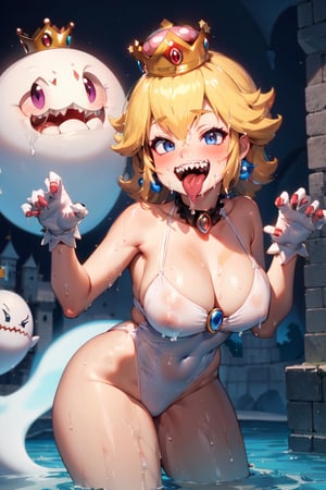 Peach_SMP, princess king boo,  masterpiece, best quality, 1girl, crown, white swimsuit, wet clothes, choker, claw pose, sharp teeth, (laughing), tongue, tongue out, boo (mario), ghost, ghost pose, castle interior, kboo