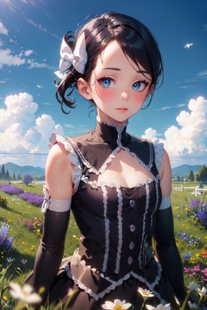 Marley_PKM, masterpiece, best quality, marley, hair bow, gothic dress, detached sleeves, upper body, looking at viewer, wildflowers, grass, clouds, brightly lit face 