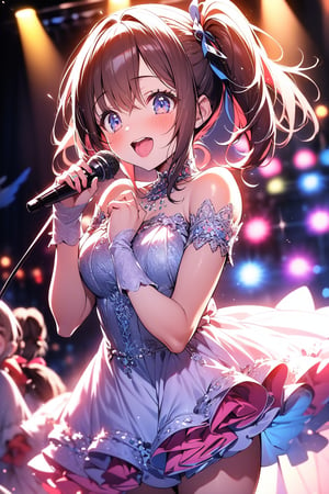 (masterpiece), (extremely intricate:1.3), professional photograph of a stunning girl detailed, 8k, sharp focus, dramatic, award-winning photos, 1 girl, Female in her twenties, 20's,, ((kawaii, pastel)), idol costumes, singing, on stage, holding microphones, spotlights, ribbon, no teeth in mouth,