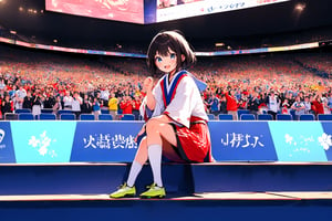 ((masterpiece, best qualit, beautiful detailed eyes, ultra-detailed, finely detail, highres)), 8k, 1 girl, cute, kawaii, black hair, dynamic angle, She is a spectator watching the soccer game, large audience, multiple people, black eyes, sitting in the audience seats, she is in the audience, cheering, enthusiastic, enthusiastic, Japan national soccer team costume, dynamic pose, Loud cheers, I'm rooting for you, I'm rooting for you