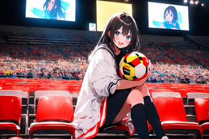 ((masterpiece, best qualit, beautiful detailed eyes, ultra-detailed, finely detail, highres)), 8k, 1 girl, cute, kawaii, black hair, dynamic angle, She is a spectator watching the soccer game, large audience, multiple people, black eyes, sitting in the audience seats, she is in the audience, cheering, enthusiastic, enthusiastic