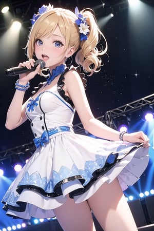 {masutepiece}, ((Best Quality)), hight resolution, {{Ultra-detailed}}, Cinematic lighting, {extremely details CG}, {8k wall paper},kawaii、Idol、On stage、Dancing、Girl in blue and white dress, wearing a dress made of stars, wearing a dress made of beads, idolmaster, concert、spot light,