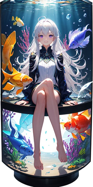 [(Transparent background:1.5)::5],(((masterpiece))),(((best quality))),(((extremely detailed))),illustration, 1girl,solo,mysterious,vivid color,shiny, underwater transparent sealed hemispherical glass dome, (white hair),(purple eyes), full body,barefoot,long hair tranquil nature, koi,Underwater, Dome,close up,Dynamic actions,Lens perspective,(((Box composition))),sit cross-legged and lean against the bookshel, volumetric lighting, multi-color eyes, detailed eyes, hyper detailed,light smile, highly detailed, beautiful, small details, ultra detailed, best quality, intricate, 4k, 8k, trending on artstation, good anatomy, beautiful lighting, award-winning,