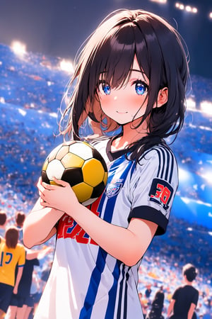 ((sfw, masterpiece, best qualit, beautiful detailed eyes, ultra-detailed, finely detail, highres)), 8k, 1 girl, cute, kawaii, black hair, dynamic angle, watching a soccer match, large audience, multiple people