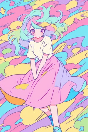 kawaii illustration, colorful, pastel colors, no lineart, no line, long skirt, (wind lift:1.5), girl, (hand between legs), (graffiti art wallpaper), doodle, flat color, 