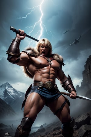 best quality, masterpiece, (photorealistic:1.4), 1man, furious expression, scream, he-man like, heman looks, dolph lundgren face, dolph lundgren looks, warrior, heman battle armor, iron cross on his chest, fur pants, sword of power in hand, battle pose, attack, he is fighting an skeleton warrior, the skeleton warrior has helemt and armor, the skeleton warrior uses an axe,  dramatic lighting, from below. eternia background, lava, mountains, castle grayskull, thunder, lightning
