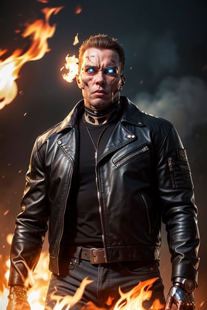 (terminator) best quality, masterpiece, (photorealistic:1.4), 1cyborg, metal beneath skin, skull showing beneath half face skin, endoskeleton, serious look, leather jacket, waist up, dramatic lighting, from below, future war background, skulls and fire on background, night time
