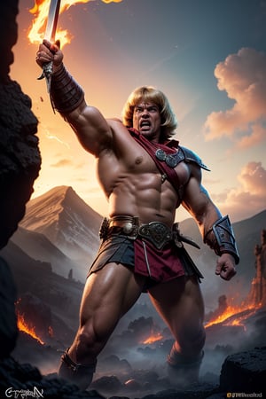 best quality, masterpiece, (photorealistic:1.4), 1man, furious expression, he-man like, heman looks, warrior, conan, sword of power in hand, battle pose, attack, waist up, dramatic lighting, from below. eternia background, lava, mountains, castle grayskull
