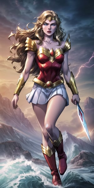 ((She-ra)) (Princess of power) long wavy hair, golden hair, blonde, Wearing Tiara,wearing white short dress, golden details, golden high boots, golden metal belt, short red cape, red lips,Slim body,Full body photo, sword in hand, photo realistic,(Margot Robbie face) masterpiece, best quality, raw photo, absurd res, UHD, (Ultra realistic), (Illustration), (High resolution), (8K), (Very detailed), (Best illustration), (Beautiful blue eyes), (Best quality), (Ultra detailed), (Masterpiece), (Detailed face), beautiful woman age 30, beautiful face, glow, soothing tones, high contrast, soft skin, floating long hair, big-wave, (pale skin), (hyperrealism, soft light, sharp), (brown eyes), perfect eyes,background lightning, sparks, magic, perfect eyes,solo woman,skin tone tanintricate complexity, 8k resolution, octane render, photoreal, hyperreal, masterpiece, perfect anatomy
,Detailedface,ActionFigureQuiron style,lord of the rings (but careful with the word "lord")