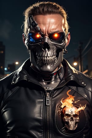 (terminator) best quality, masterpiece, (photorealistic:1.4), 1cyborg, metal beneath skin, skull showing beneath skin, endoskeleton, serious look, leather jacket, waist up, dramatic lighting, from below, future war background, skulls and fire on background, night time
