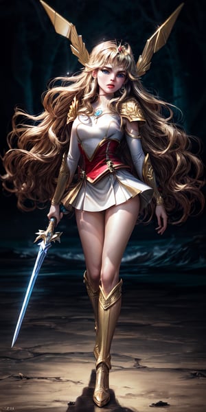 ((She-ra)) (Princess of power) long wavy hair, golden hair, blonde, Wearing Tiara,wearing white short dress, golden details, golden high boots, golden metal belt, short red cape, red lips,Slim body,Full body photo, sword in hand, photo realistic,(Margot Robbie face) masterpiece, best quality, raw photo, absurd res, UHD, (Ultra realistic), (Illustration), (High resolution), (8K), (Very detailed), (Best illustration), (Beautiful blue eyes), (Best quality), (Ultra detailed), (Masterpiece), (Detailed face), beautiful woman age 30, beautiful face, glow, soothing tones, high contrast, soft skin, floating long hair, big-wave, (pale skin), (hyperrealism, soft light, sharp), (brown eyes), perfect eyes,background lightning, sparks, magic, perfect eyes,solo woman,skin tone tanintricate complexity, 8k resolution, octane render, photoreal, hyperreal, masterpiece, perfect anatomy
,Detailedface,ActionFigureQuiron style,lord of the rings (but careful with the word "lord")