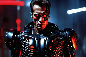 ((terminator 2)) 1men, cyborg, red glowing eyes, steampunk aesthetic, cyborg beneath human skin, face vertically divided, half terminator face, half arnold schwarzenegger face, the face is hurt, the holes in his face skin reveal an endoskeleton underneath, terminator face showing under the ripped skin, red eyes, big muscular body, bodybuilder, all black leather jacket, men long pant, holdig a futuristic machine gun, dyamic pose, action, dark sky, lightning strike, hero shot, low camera angle, photo taken from below, in the back lazers blazing, on the floor many human skulls, vibrant colors, (masterpiece), (detailed face:1.2), (glowing red eyes:1.1),Movie Still, 80s style movie,Film Still