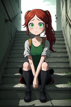 anime girl, red hair, pony tail hairstyle, green eyes, depressed, sitting on stairs of an abandoned building of Elders Scrolls game,
,SFW,cartoon ,cheap cartoon