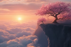 a blossoming cherry blossom tree, standing alone on a cliff edge, rolling sea of clouds and flowing lava below the cliff, sunset sky, dreamy, soft brushstrokes, full of hope and warmth, golden hour sunlight, soft light, highly detailed, 8k, artstation, masterpiece.







