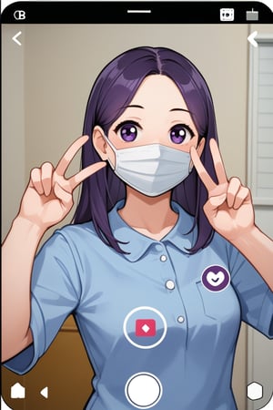photo of female dentist in blue scrubs, holding up peace sign with one hand and wearing purple face mask while smiling at camera, posted on snapchat stories from phone camera


,SFW