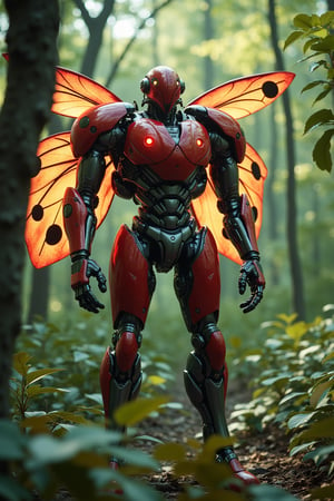 A Transformer stands tall amidst the dense, ancient forest, its body a striking combination of advanced robotics and seven-spotted ladybug features. The robot’s torso is humanoid, covered in sleek metallic armor, but its design incorporates the iconic red and black color scheme of a ladybug. The chest plate and arms are adorned with glossy red armor, with black spots scattered across the surface, resembling the shell of a seven-spotted ladybug.Its head is rounded, with a smooth, red exoskeleton that gleams in the dappled forest light. The eyes are bright and compound-like, glowing red, giving the robot an insect-like appearance. From its back, large, translucent wings extend outward, patterned with black spots and shimmering in the sunlight that filters through the dense tree canopy. These wings, while delicate in appearance, are reinforced with mechanical components, allowing for both swift flight and powerful defensive maneuvers.The arms and legs are humanoid, made of jointed metallic segments, but their surface retains an iridescent quality, mimicking the vibrant shine of a ladybug’s shell. The Transformer’s back features mechanical plates that can fold open or close, further resembling the protective shell of the insect. It stands on the forest floor, surrounded by towering trees and thick foliage, its small red and black wings contrasting with the green environment. The air is filled with the sound of rustling leaves and distant wildlife, as the Transformer blends seamlessly with its surroundings while still maintaining a powerful, mechanical presence. High detail, ultra-realistic, cinematic lighting, 8K resolution


,monster