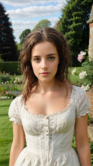 Realistic colour photo ,eyes shoot close,  Wide view, historical romance, hermione granger, brown hair, bridgerton, 1800s, regency era, spring time, beautiful manicured gardens, bright flowers, large maor in the background, london, detailed, very detailed, eyes shoot,detailmaster2,cinematic  moviemaker style,rebevelin