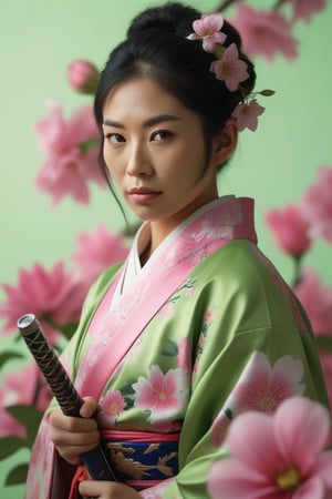 asian woman in kimono and armor, in the style of meticulous photorealistic still lifes, pink and green, advertising-inspired, made of flowers, narrow angle,


