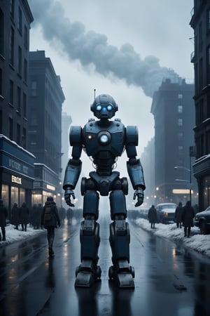 Blaq's 'robot' scenes from the film, in the style of dark muted blue and grey, frostpunk, samyang af 14mm f/ 2. 8 rf, detailed, layered compositions, nikon d850, narrative diptychs, detailed crowd scenes, Kodak Ektachrome photograph, dramatic use of lighting, can't believe how beautiful this is, moody colour schemes, gloomy, foggy atmosphere, cinematic moviemaker style