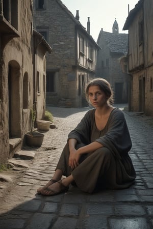 Masterpiece, raw photo, high quality, A medieval village in the midst of the Black Death, with crumbling stone houses and empty streets, an woman in dirty clothes sitting in the street.8k, 16k, uhd, sharp lines, (lots of details:1.2), extremely detailed, absurdres, intricate detailed, cinematic scene, best quality, high detailed, ultra sharp, photorealistic, award winning,