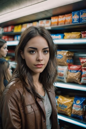 candid photo of a young brunette woman taken at a convenience store during the night, low quality image, exhibiting a grainy texture, jpg artifacts, film grain, gritty, raw aesthetic,renny the insta girl,Versace girl model