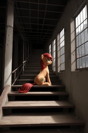 anime girl, red hair, pony tail hairstyle, green eyes, depressed, sitting on stairs of an abandoned building of Elders Scrolls game,
,SFW,cartoon ,cheap cartoon